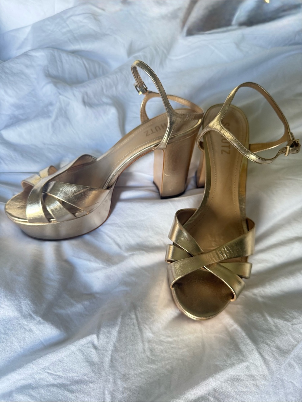 Schultz Gold Platform Sandals with Crisscross Straps Keefa Metallic Leather 9.5 - Picture 2 of 7